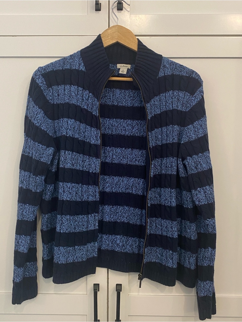 L.L. Bean Navy & Blue Striped Full Zip Knit Crew Sweater Size Large Petite
